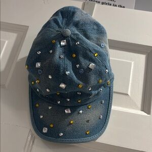 Embellished Denim Cap with Rhinestones